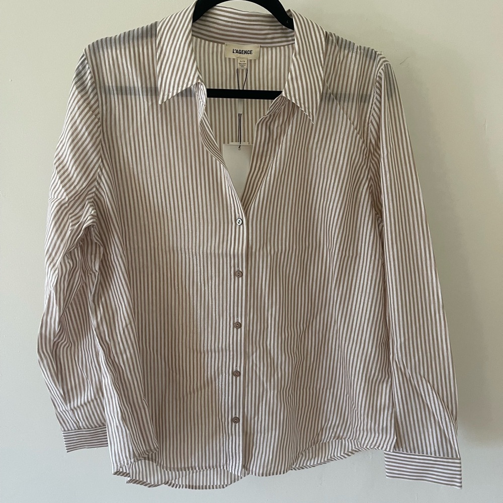 L'AGENCE Striped Button Down Shirt - White and Brown
